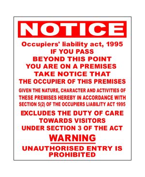 Occupiers Liability Act (premises) 1995 signage
